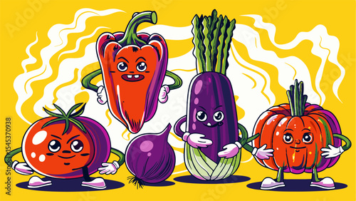Cartoon Vegetables: Tomato, Pepper, Eggplant, Pumpkin, Onion