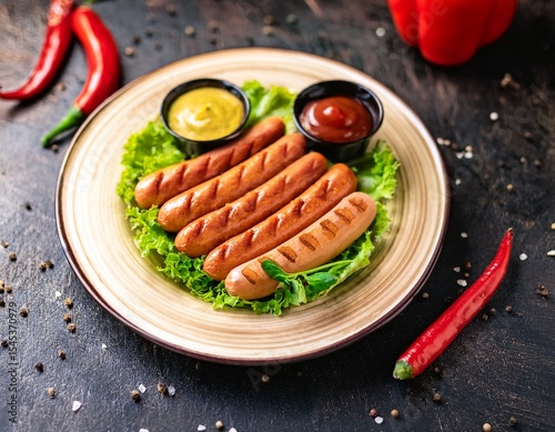 creative food concept plate of grilled frankfurter frank wiener hotdog sausages on lettuce with mustard ketchup and chili bell pepper on dark wooden rustic copy text space long banner wallpaper