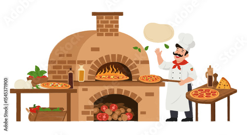 illustration of a fireplace making pizza