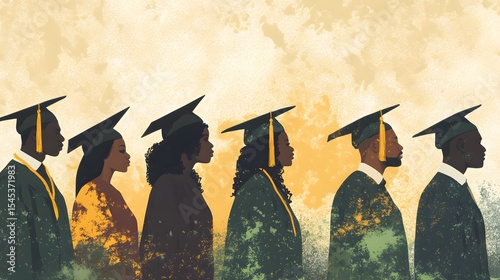 Line of African American Graduates in Cap and Gown Marching Toward a Bright Future perfect for education campaigns, Black excellence visuals, graduation announcements and academic posters
