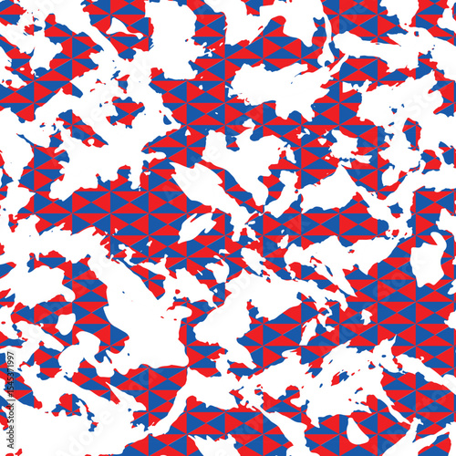 Patriotic geometric camo seamless pattern for 4th July, crafts, paper, apparel, backgrounds, and sublimation design.