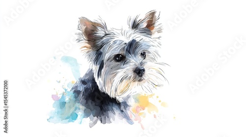 A charming yorkie s soulful gaze rendered in delicate watercolor with vibrant splash accents on