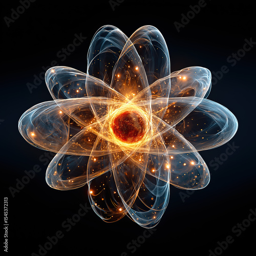 Macro Photo of Glowing Atomic Nucleus with Orbiting Electrons on Black Background – Quantum Energy Concept, Particle Physics Visualization, Nuclear Science Abstract