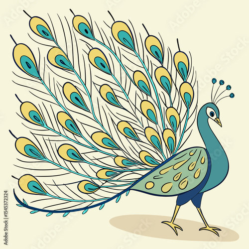 Colorful peacock displaying its feathers in a stylized illustration  