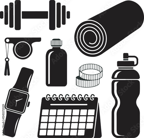 Black and White Fitness Icons Dumbbell Yoga Mat Water Bottle Stopwatch Calendar Fitness Tracker vector