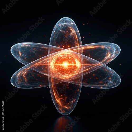 Macro Photo of Glowing Atomic Nucleus with Orbiting Electrons on Black Background – Quantum Energy Concept, Particle Physics Visualization, Nuclear Science Abstract