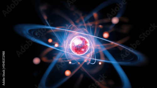 Macro Photo of Glowing Atomic Nucleus with Orbiting Electrons on Black Background – Quantum Energy Concept, Particle Physics Visualization, Nuclear Science Abstract