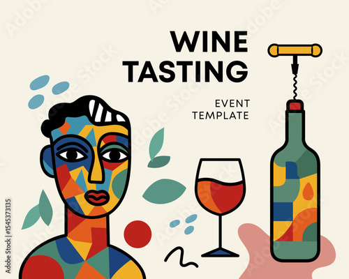 Quirky Wine Tasting Event Template with  Abstract Face in a Fun Vector Illustration. Vector illustration.