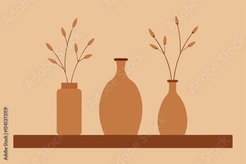 clay vases with dried wildflowers on rustic shelf