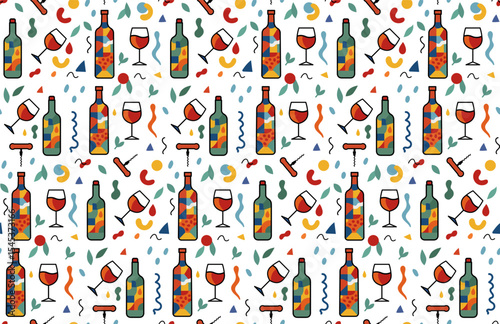 Vibrant Wine Tasting Pattern with Bottles and Glasses in a Colorful Vector Illustration for Event Decor. Vector illustration.