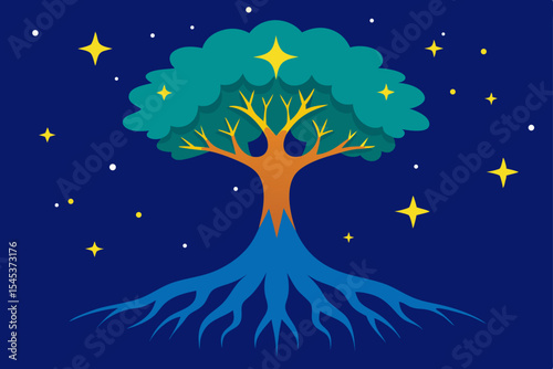  cosmic tree with roots in the sky and stars  around