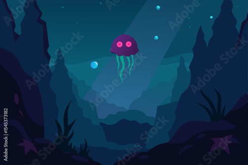  dark underwater abyss withglowing jellyfish