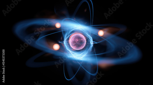 Macro Photo of Glowing Atomic Nucleus with Orbiting Electrons on Black Background – Quantum Energy Concept, Particle Physics Visualization, Nuclear Science Abstract