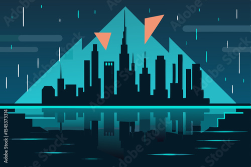  futuristic skyline reflected in rain soaked street