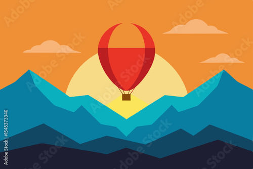  hot air balloon over mountain valleyat sunrise