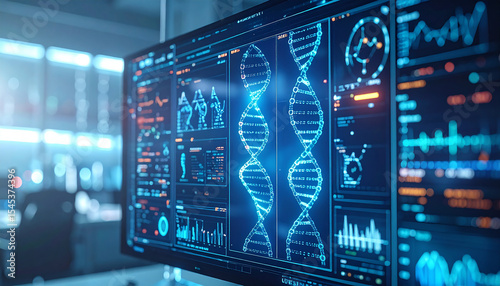 Data Analysis of DNA: A close-up shot of a computer monitor displaying complex DNA strands, intricate charts and graphs, symbolizing the cutting-edge of medical research and innovation. 