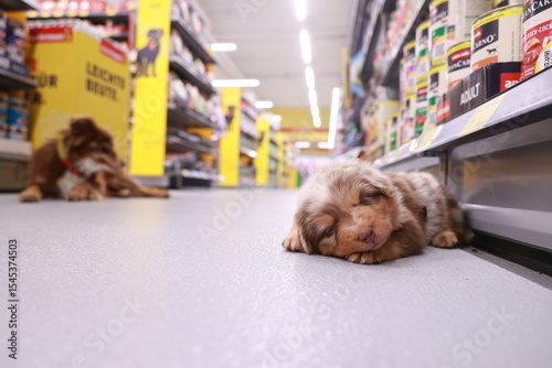 Dog is sleeping in a store aisle
