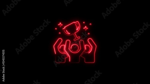 Red neon sign trophy celebration with people raising hands for victory and success
