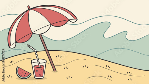 Tropical beach vector illustration with parasol, sand, and sea for your summer vacation