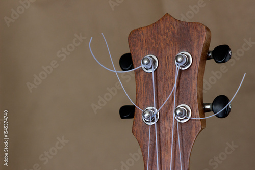 The top of the ukulele neck with tuning pegs. The neck is wooden, the tuning pegs are metal with black heads. The ukulele strings are stretched over the tuning pegs. The background is blurred light br