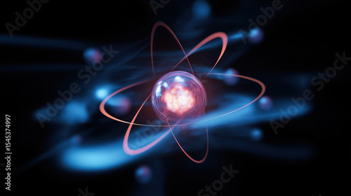 Macro Photo of Glowing Atomic Nucleus with Orbiting Electrons on Black Background – Quantum Energy Concept, Particle Physics Visualization, Nuclear Science Abstract