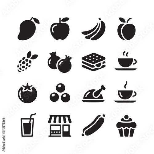 Black and white food and beverage icons set