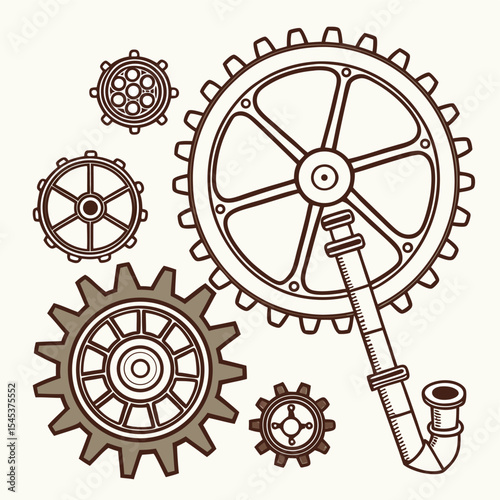 Illustration of assorted gears and pipe elements in a steampunk style arrangement on light background