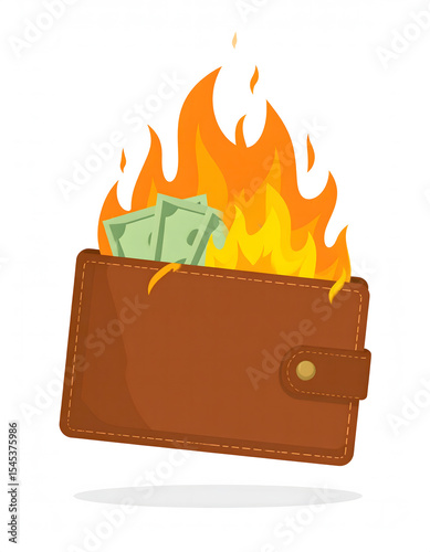 A brown wallet with green banknotes visibly burning with vibrant orange and yellow flames, vividly illustrating financial loss and economic hardship