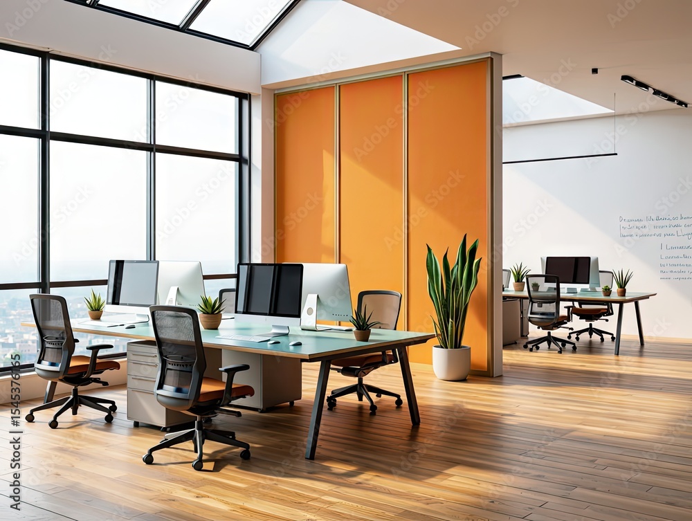Fototapeta premium Modern office workspace with large windows, orange partition, and ergonomic chairs.