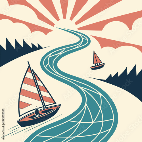 Illustration of sailboats on a winding river with a rising sun and stylized trees and clouds