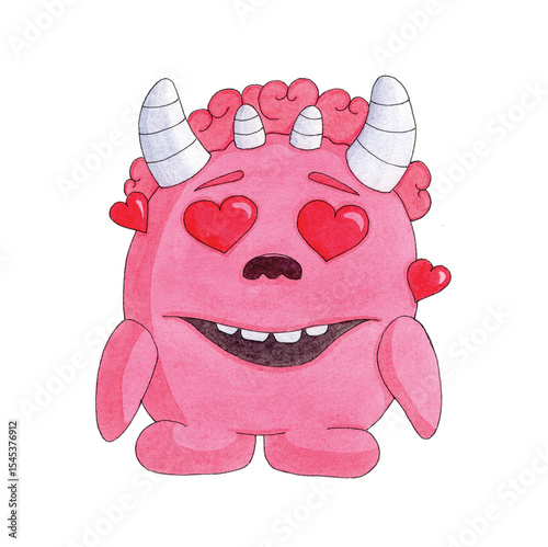 Cute Pink Monster with Heart Eyes – Hand Drawn Watercolor Valentine Character in Cartoon Style