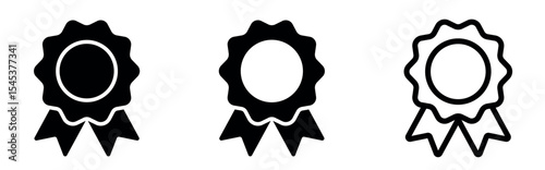 Winning award, prize, medal or badge. Badge with ribbons icon. Verified medal icon. Icon in flat style and line. Certified badge symbol, quality sign.