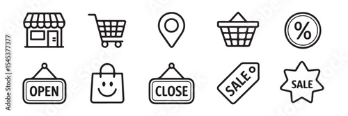 Retail and shopping icons set in outline style