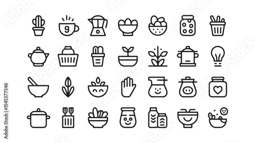 Set of black and white food and nature icons