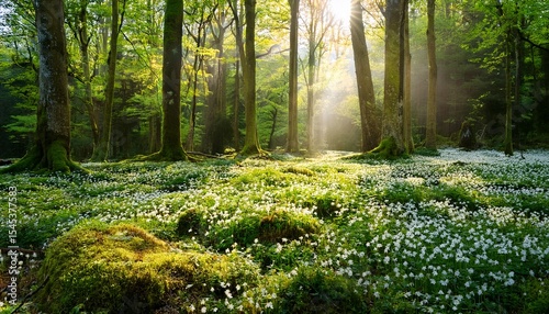 sunbeams illuminate a verdant forest floor carpeted with delicate white blossoms and lush green moss