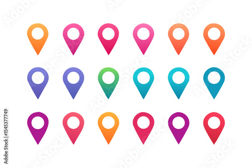 Eighteen colorful gradient location pins for maps and navigation