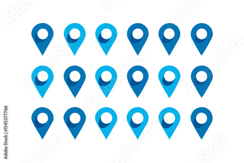 Eighteen blue location pins on black background simple design