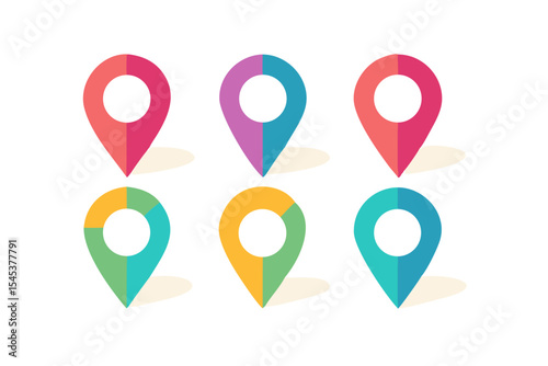 Colorful collection of six location pin icons for navigation apps