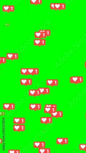 Social media Animated heart icons like notification on green screen. Animation coming from bottom.Vertical