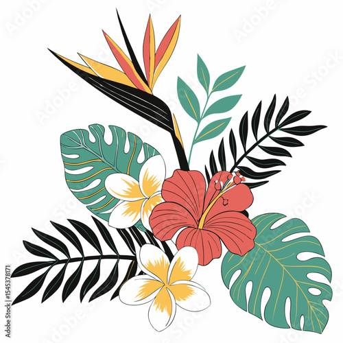 Tropical flowers, palm leaves, jungle leaves, bird of paradise flower, hibiscus, plumeria. Vector flat exotic illustrations	