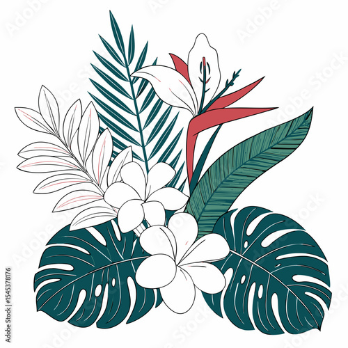 Tropical flowers, palm leaves, jungle leaves, bird of paradise flower, hibiscus, plumeria. Vector flat exotic illustrations	