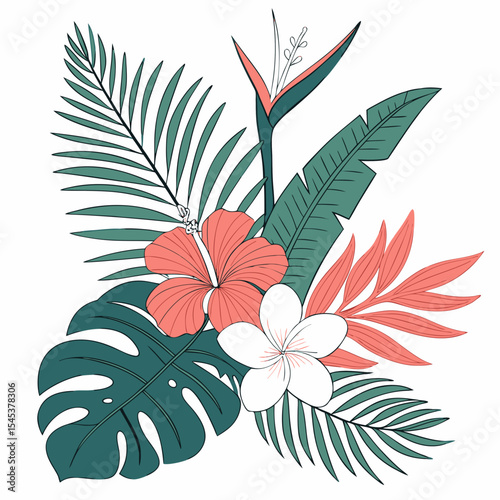 Tropical flowers, palm leaves, jungle leaves, bird of paradise flower, hibiscus, plumeria. Vector flat exotic illustrations	