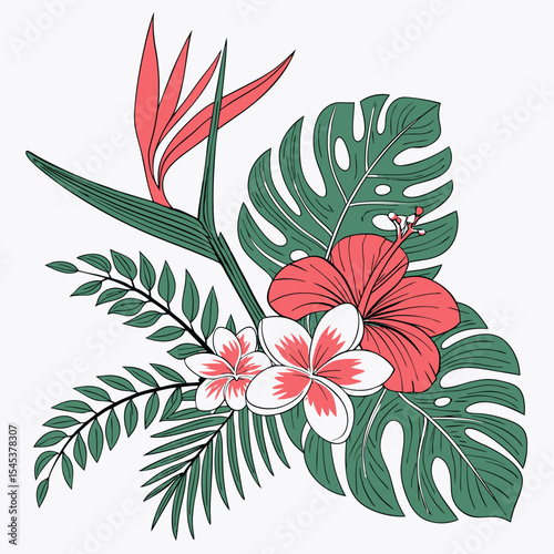 Tropical flowers, palm leaves, jungle leaves, bird of paradise flower, hibiscus, plumeria. Vector flat exotic illustrations	