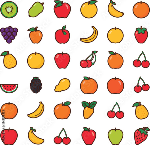 Set of cartoon fruits collection with leaves and stems