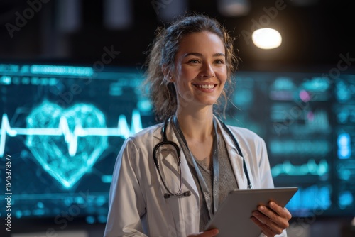 A smiling young female doctor wearing a white coat, holding an iPad and standing confidently