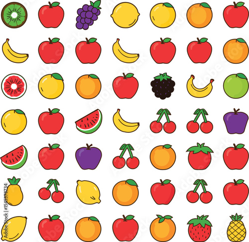 Colorful cartoon fruit set collection with leaves