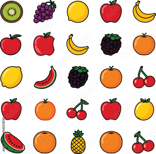 Set of cartoon fruits collection with leaves and stems