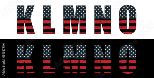 Vector font on background of national flag of usa.
A set of letters of english alphabet with
american pattern of stars and stripes for
clothing, fabric, textile, paper, inscription on t-shirt.