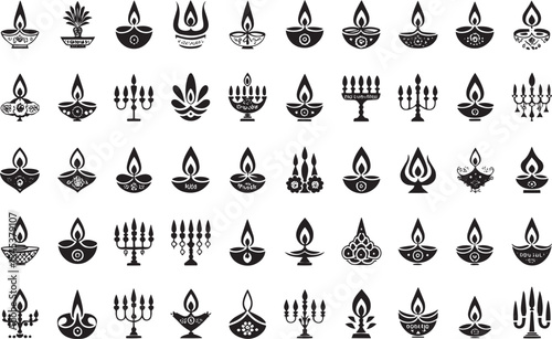Minimal Diwali Lamp Icons – Black Candle and Oil Lamp Symbol Collection

