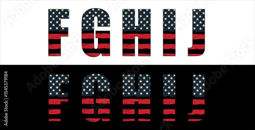 Vector font on background of national flag of usa.
A set of letters of english alphabet with
american pattern of stars and stripes for
clothing, fabric, textile, paper, inscription on t-shirt.